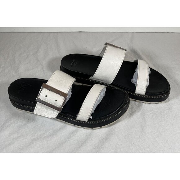 Sorel White Leather Roaming Slide Sandals Black Footbed Size 9 - Picture 2 of 8